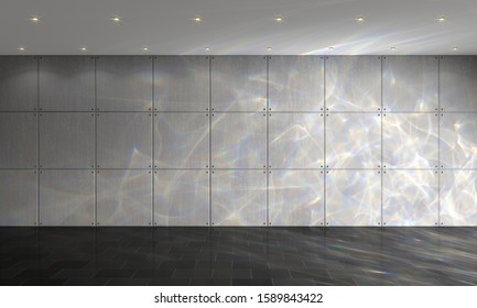 Horizontal view on a modern empty lounge, illuminated with colored caustic lights. 3d illustration