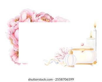 Horizontal wedding frame template with lady accessories, jewelry box, perfume bottle, candles and pink peonies flower bouquet watercolor isolated illustration. Retro bride bachelorette party card. - Powered by Shutterstock