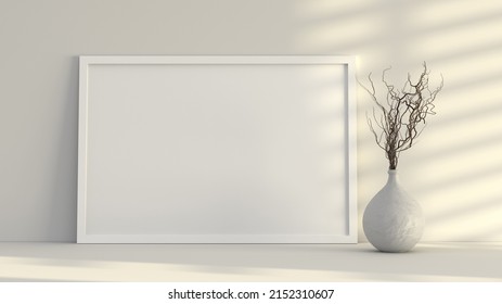 Horizontal White Frame Mock Up On White Shelf Ot Desk And Wall. 3d Render