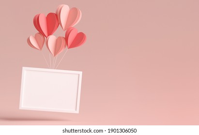 Horizontal White Photo Frame Mockup Floating With Paper Hearts And Copyspace For Valentines Day In 3D Rendering. Elegant Illustration Wedding Image Template