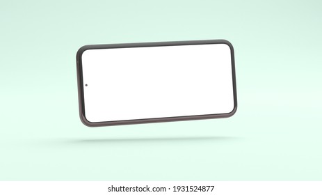 Horizontal Wide Screen Mobile Phone Mockup Floating On A Green Background In 3D Rendering. Realistic Template Of Isolated Cellphone Frame And Blank Display Concept For Presentations