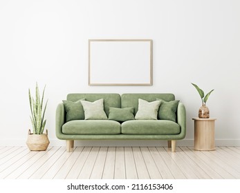 Horizontal Wooden Frame Mockup In Living Room Interior With Green Velvet Couch, Slat Side Table And Plants On Empty White Wall Background. Illustration, 3d Rendering