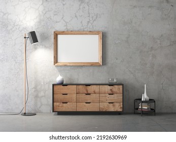 Horizontal Wooden Poster Frame Mockup Hanging Above Moderrn Bureau, 3d Rendering