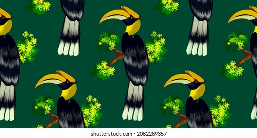 Hornbill Pattern Illustration On Green Tree