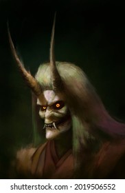 Horned Japanese Demon With Green Hair, Glowing Yellow Eyes And Sharp Teeth