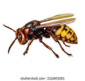 Hornet (Vespa crabro), the largest wasp, realistic drawing, illustration, isolated image on a white background.