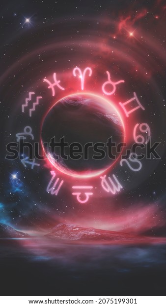 Horoscope signs on space background with\
stars. 12 months horoscope, neon light, space, galaxy, prediction,\
fortune telling, future, time. 3D illustration\
