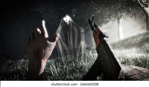 Horror background with scary Demon haunts a soldier with a rifle ak 47. Halloween horror spooky wallpaper. 3d rendering