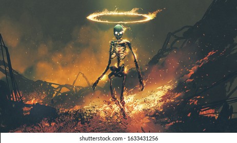 horror character of demon skeleton with fire flames in hellfire, digital art style, illustration painting