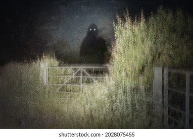 A Horror Concept Of A Blurred Scary Hooded Supernatural Entity With Glowing Eyes. Looking At The Camera. In The Countryside At Night.
