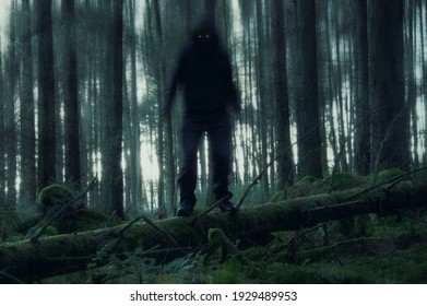 A horror concept of a figure with glowing eyes in a spooky forest. With a grunge, artistic edit.