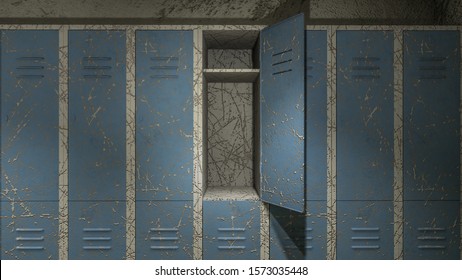 Horror And Creepy Locker Room In The Hospital With Blood .3D Rendering