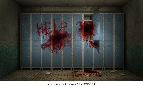 Horror And Creepy Locker Room In The Hospital With Blood .3D Rendering