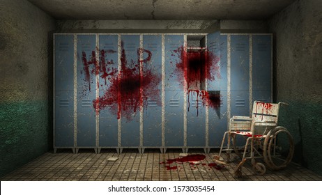 Horror And Creepy Locker Room In The Hospital With Blood .3D Rendering