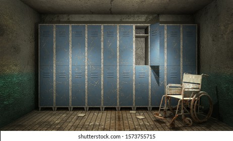 Horror And Creepy Locker Room In The Hospital With Blood .3D Rendering