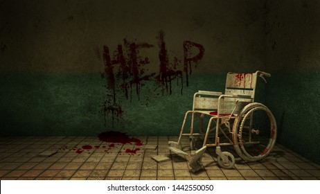 Horror and creepy walk way and wheelchair in front of the examination room in the hospital and help Blood .3D rendering