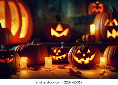 Horror Cute Halloween Pumpkin Lantern Close up Landscape Background Art Hyper Detail 
3D Illustration - Powered by Shutterstock