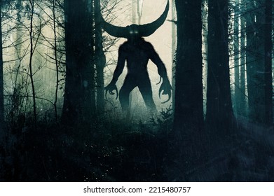 A horror demonic monster. With glowing eyes and horns. Silhouetted in a dark, foggy winter forest. 