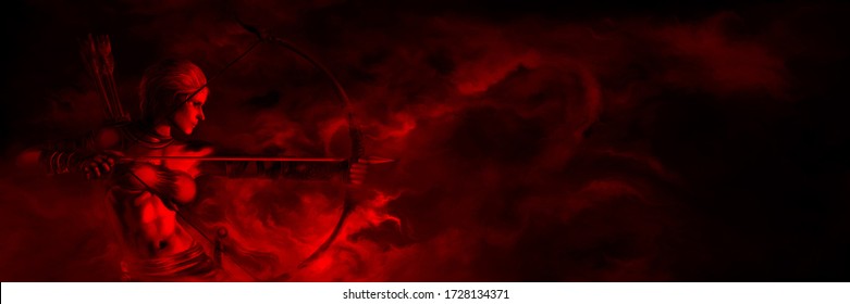 Horror fantasy banner with bow shooting woman in a dark red mist