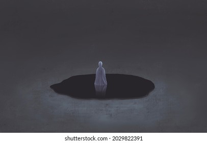 Horror Mystery Ghost And Spooky Concept, Surreal Art, Lonely Man In Black Water