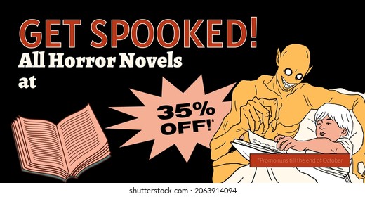 Horror Noble Books. Horror Ghost Book Illustration Background. Halloween Book Sale Discount.