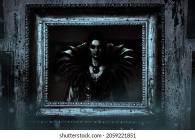 Horror scary illustration of framed picture with haunted ghost vampire countess portrait.