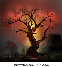 Horror Tree On A Haunted Crimson Land. Scary Horror Tree With Zombie And Monster Demon Faces.