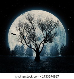 Horror View Silhouette Of Dead Tree In Front Of Blue Big Moon Sky Background. 3d Rendering