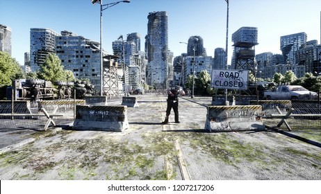 horror zombie crowd walking. Destroyed city. Apocalypse view, concept. 3d rendering.