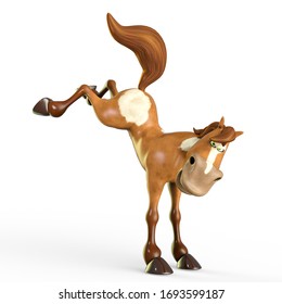 horse cartoon is a little bit angry and kicking on white background, 3d illustration