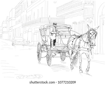 A Horse Drawn Carriage In The French Quarter On Bourbon Street In New Orleans. Hand Drawn Illustration.