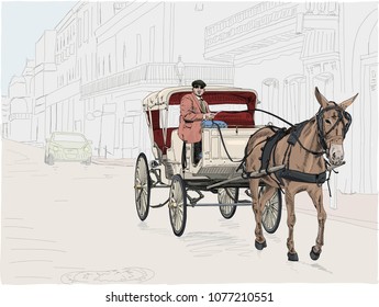 A Horse Drawn Carriage In The French Quarter On Bourbon Street In New Orleans. Hand Drawn Illustration.