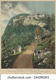 Horse Drawn Carriage Making The 1 600-foot Climb Up The Mountain Road To The Catskill Mountain House A Famous Hotel Overlooking The Hudson River Valley. 1830 Etching By John Rubens Smith.