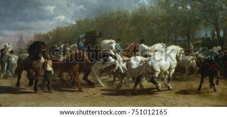 THE HORSE FAIR, by Rosa Bonheur, 1852-55, French painting, oil on canvas. The horse market in Paris on the Boulevard de l\x90Hopital was painted over a period of 3 years. When sketching on site for