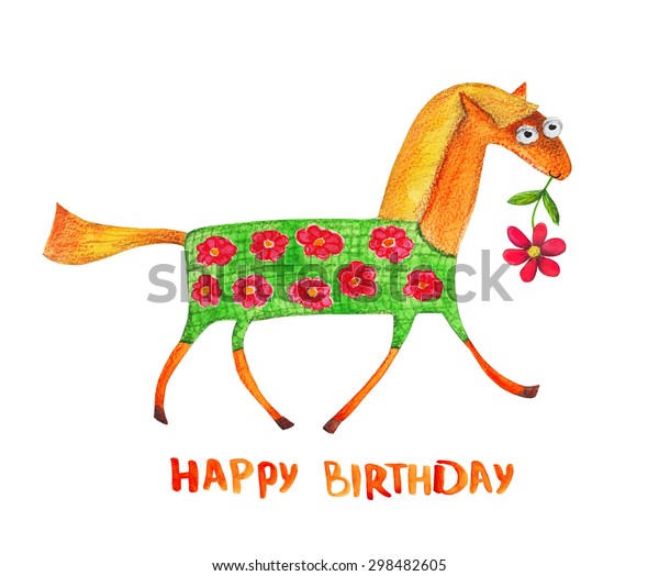 Horse Flower Happy Birthday Watercolor Illustration Stock