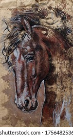 Horse head portrait animal drawing original artwork charcoal acrylic brown paper bag