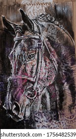 Horse head portrait animal drawing original artwork charcoal acrylic brown paper bag