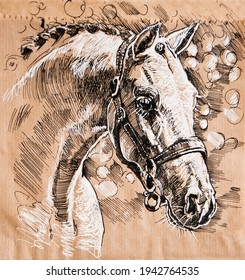 Horse original drawing ink brown paper bag art illustration