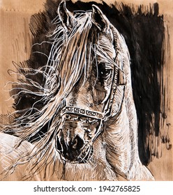 Horse original drawing ink brown paper bag art illustration