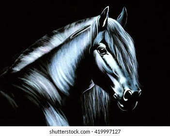 Horse Original Oil Painting On Black Velvet, Impressionism Thin Brush Drawing Style,  