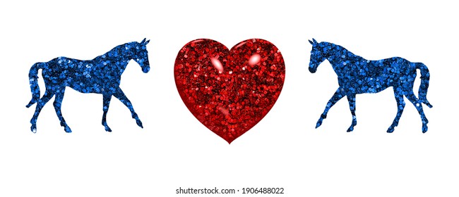 Horse pony Animal Blue symbols with red heart valentine day icon, 3d illustration