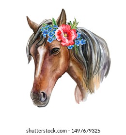 Horse portrait in crown, floral wreath. Realistic animal isolated on white background. Watercolor. Template. Close-up. Clip art. Hand drawn.