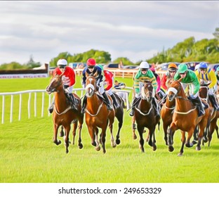 Horse Race On A Grass Race Track.