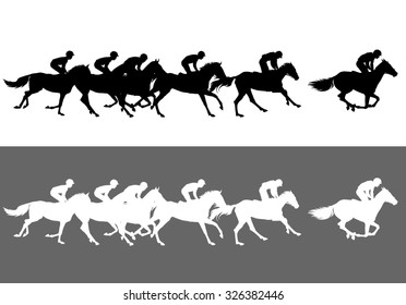 Horse Racing. Competition. Jockeys on horses galloping on the racetrack. Black and white silhouettes of riders on a light and dark background.