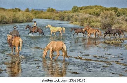 Horse Roundup Crossing River