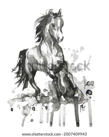 Horse running painting in ink, with splashes 