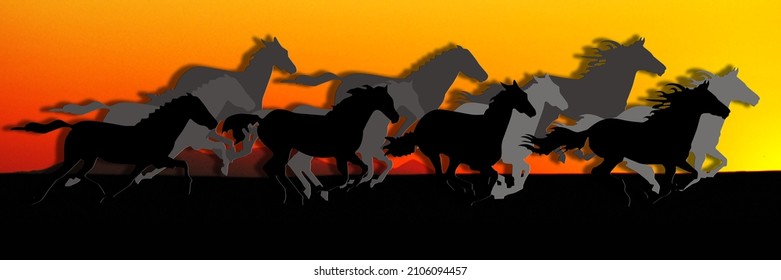 Horse Silhoutte Group Running Sunset