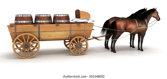 Horse Wagon With Barrels. 3d Image. Isolated On White.