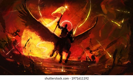 The horseman of the apocalypse rushes into hell on his pegasus, illuminates the sinister zombie dead with his shining flag, against the backdrop of a hellish yellow huge sun with a bloody sky. 2D 