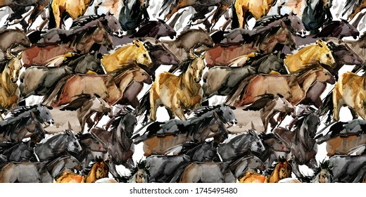 horses runing seamless pattern. Wild western background. 